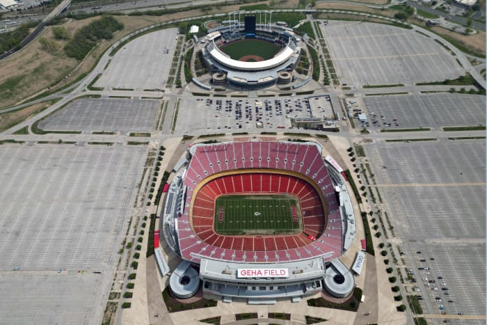 Apr 26, 2023; Kansas City, MO, USA; A general overall aerial view of Arrowhead Stadium (bottom) and Kauffman Stadium at the Truman Sports Complex. Mandatory Credit: Kirby Lee-USA TODAY Sports